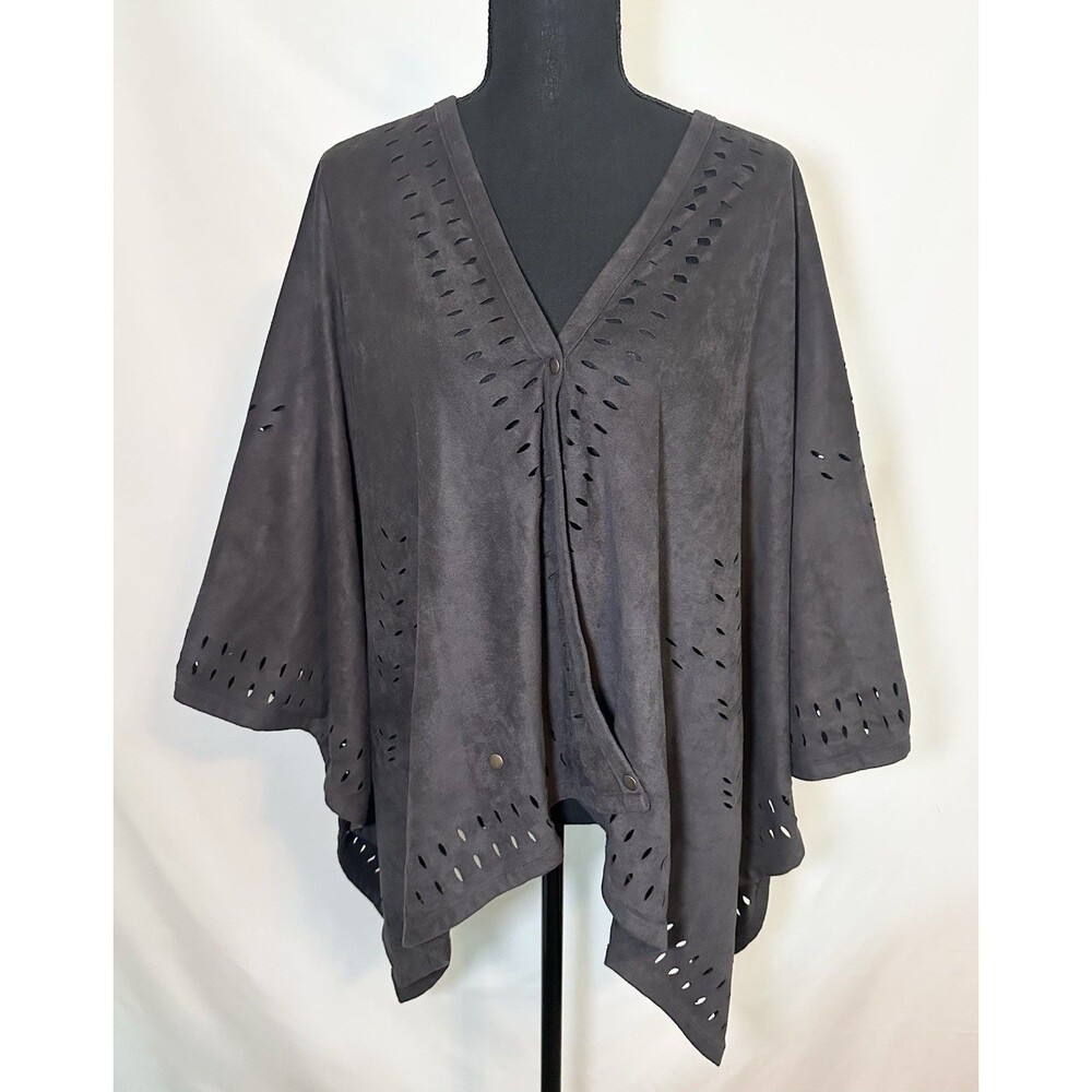 Soft Surroundings Gray Poncho Faux Suede Laser Cut Kimono Sleeves Women ONE SIZE
